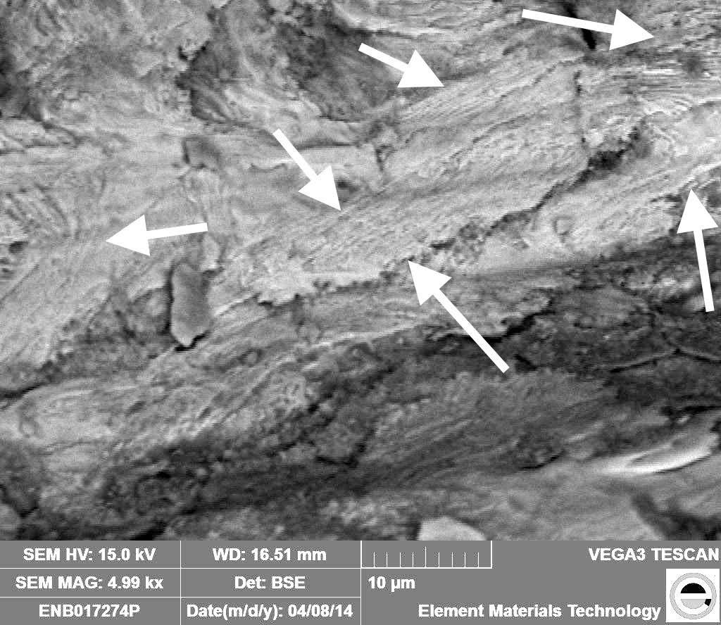 Figure 6 Figure 7 Scanning electron micrograph of Location 1 after additional cleaning. Arrows indicate features with appearance of corrosive etching into the pearlite lamellae on the steel.
