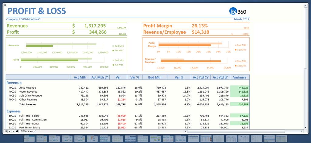 DST20 Profit and Loss Report This BI360 report example shows a formatted Profit & Loss Report. Virtually any financial statement can be designed with BI360 s flexible report designer.