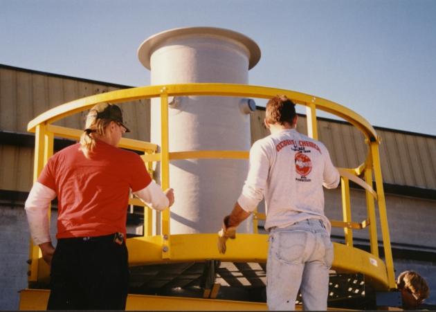 Stack Base: Exhaust stacks are manufactured in a wide variety of configurations and supported in just as many ways. Stacks may be open with bottom entry, or closed bottom with side inlet.