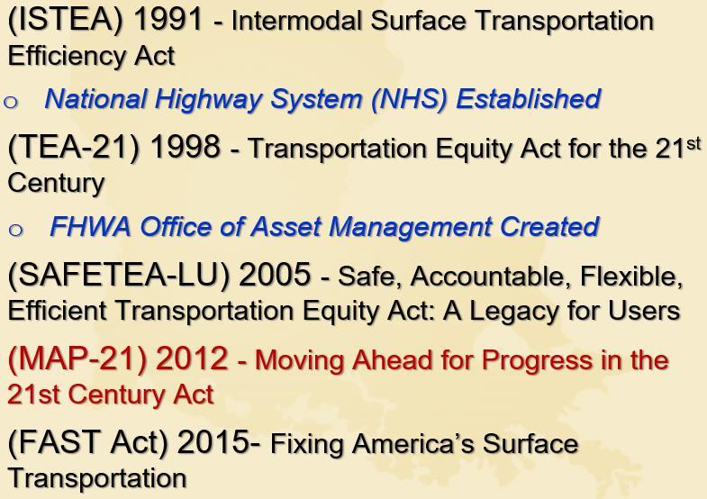 1.0 Introduction Asset Management principles have been discussed worldwide by transportation agencies since the late 1990 s.