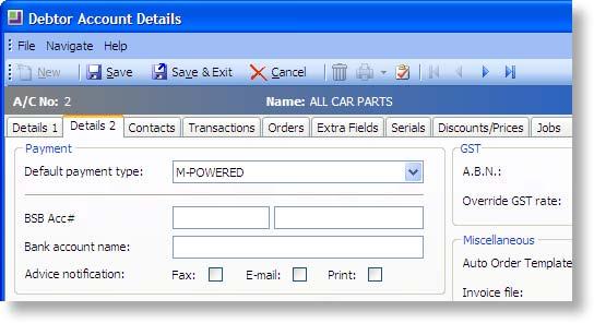 Setting up Debtors for M-Powered Invoices In order to send M Powered Invoices to a debtor, select the M POWERED option for the Default payment type property on the Details 2 tab of the Debtor Account