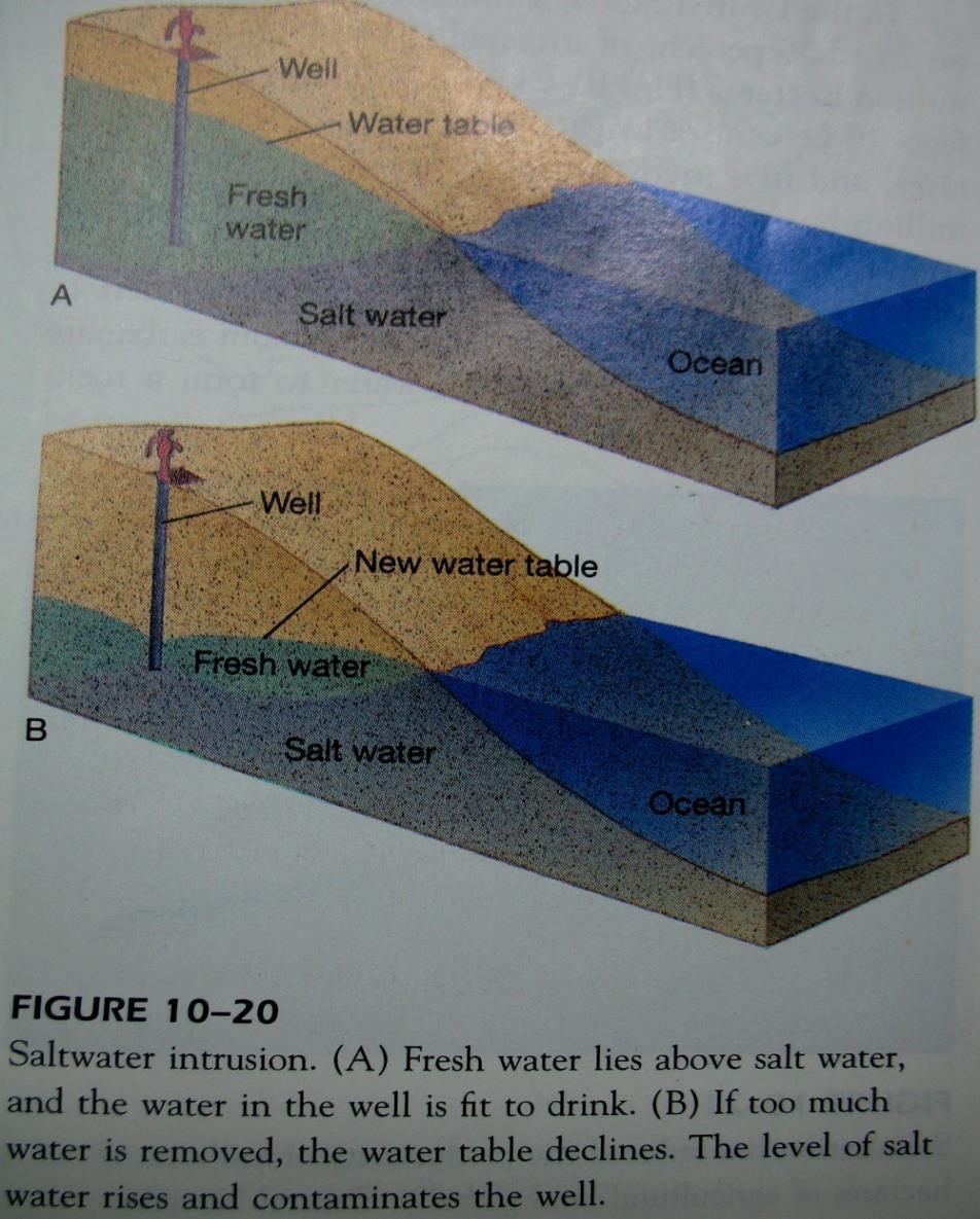 Ground (underground) water coastal area - fresh water lies above salt water - If too much