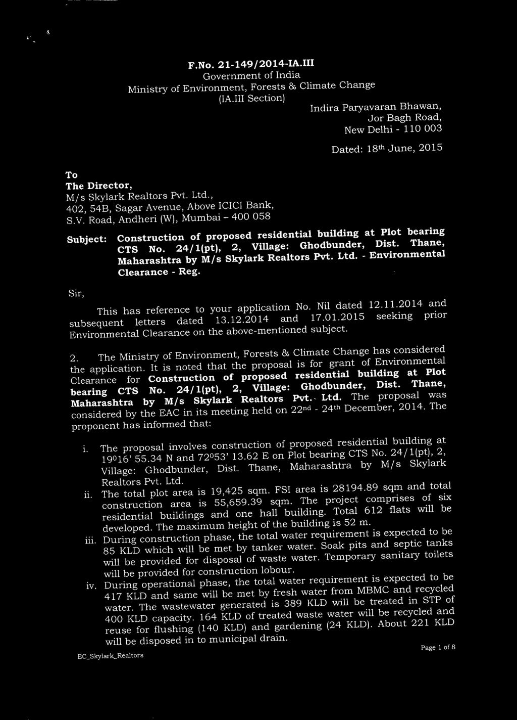 Road, Andheri (W),Mumbai - 400 058 Subject: Construction of proposed residential building at Plot bearing CTS No. 24/1(pt), 2, Village: Ghodbunder, Dist.