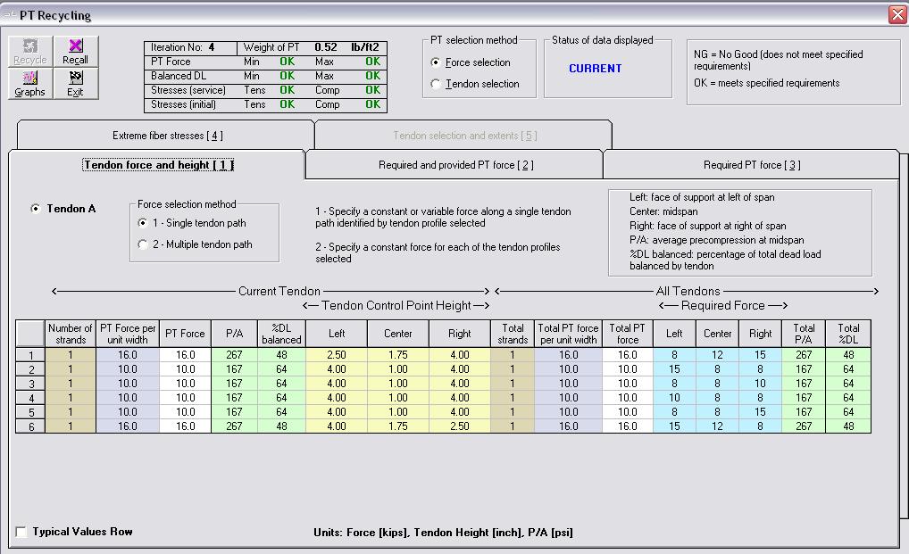 FIGURE 2.2-3 You can check the final stresses either by clicking Extreme fiber stresses [4] tab in the PT Recycling window (Fig. 2.2-3) or by clicking Graphs at the top left of the screen.