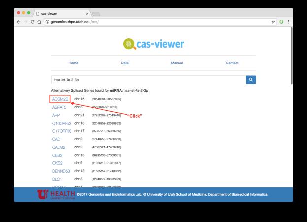 2.2 Keyword Search As an input for CAS-viewer, the HUGO-approved gene name, SNP (rs number), DNA methylation number (cgid), and mirna ID are searchable for an alternatively spliced gene: e.g., A1BG, rs10001, cg00000236, and has-let-7a-2-3p (Figure 1).