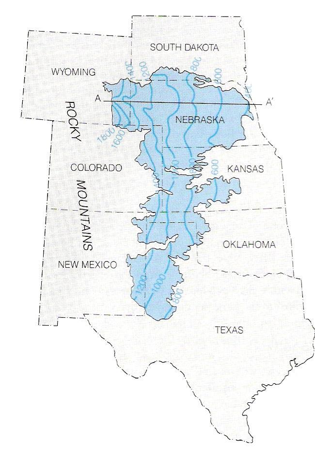 Figure 12.4. Regional extent of the High Plains Aquifer, with contours (in meters) on the water table. (from Murck, et al., 1996). 10.