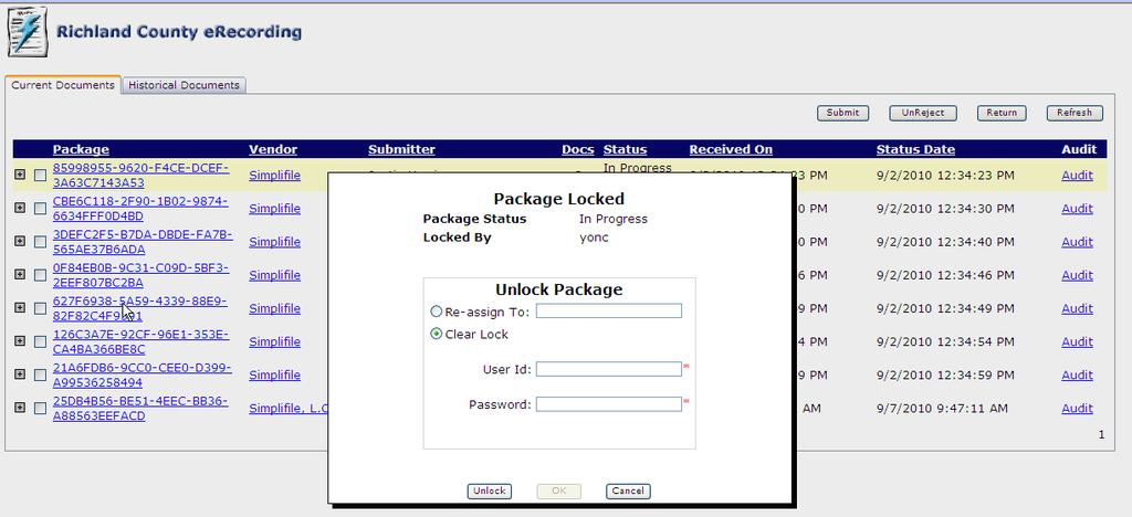 Processing e-recorded Packages To Process an e-recorded package Click on the underlined package ID Package link is underlined * If you click on a package below one that has not been processed the