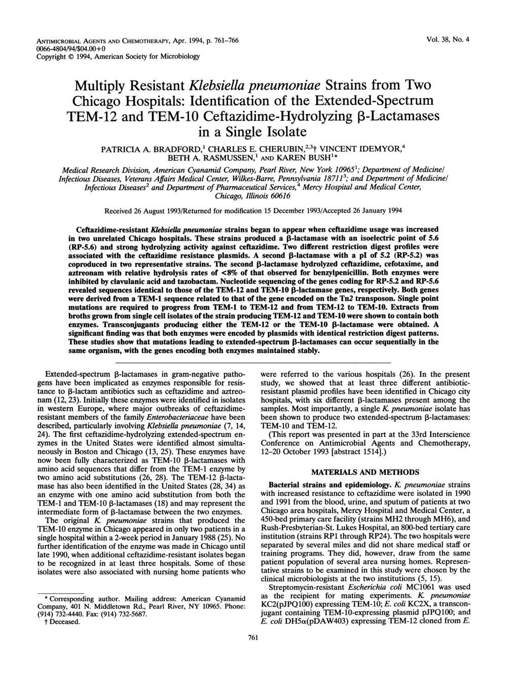 ANTiMICROBIAL AGENTS AND CHEMOTHERAPY, Apr. 1994, p. 761-766 Vol. 38, No. 4 0066-4804/94/$04.