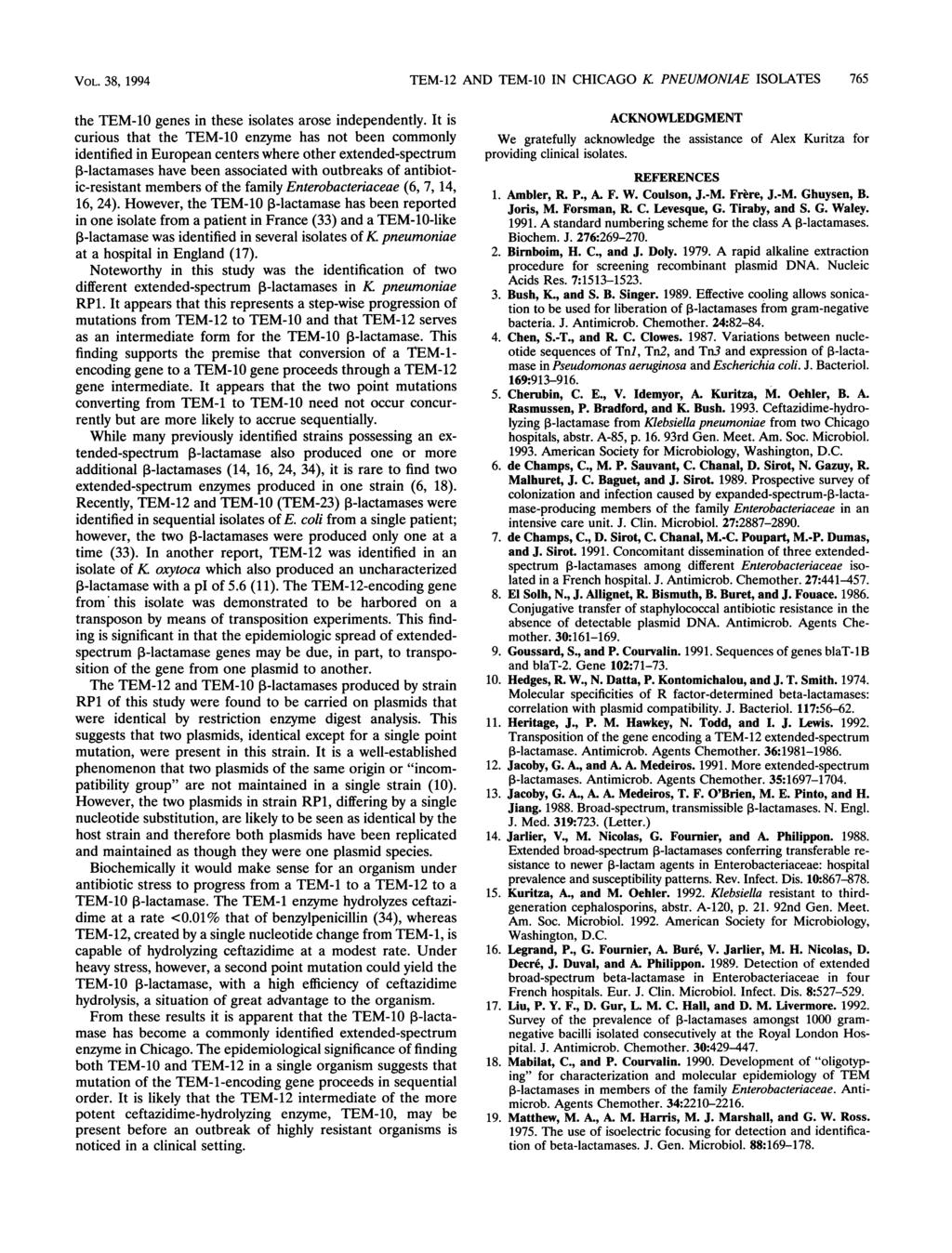VOL. 38, 1994 TEM-12 AND TEM-10 IN CHICAGO K PNEUMONIAE ISOLATES 765 the TEM-10 genes in these isolates arose independently.