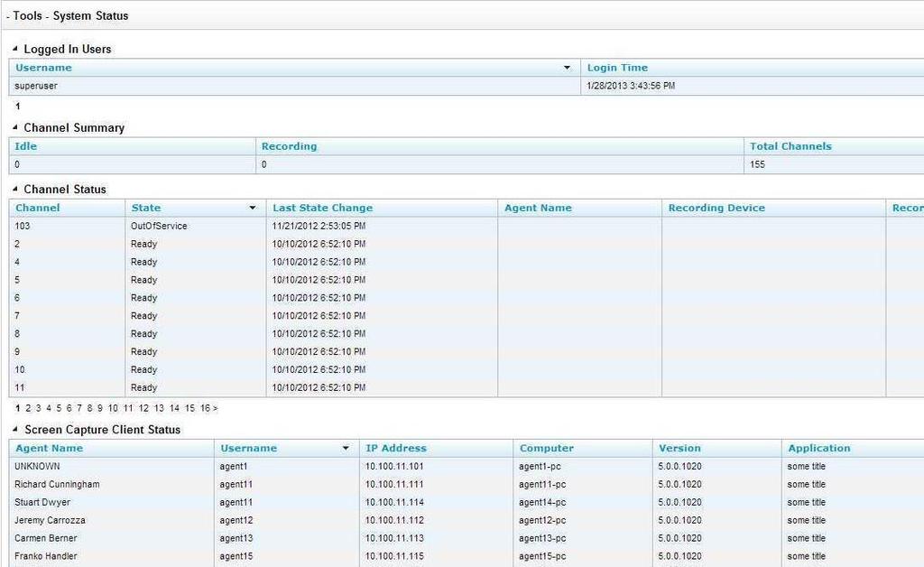 System Reports System Status This report shows the current call channel and agent activity on the system, which can be useful when investigating why users are logged in but not recording.