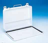 A B 24 Unit Horizontal Metal First Aid Kit Box (Empty) Durable drawn metal cover and body Cover is welded to body using a full piano hinge with a rust resistant hinge pin Holds 24 standard
