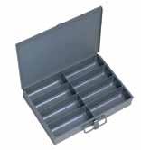 SMALL COMPARTMENT BOXES 13 3/8 W x 9 1/4 D x 2 H 8 Compartment Small Scoop Box Prime cold rolled steel outer shell High impact styrene insert with 8 compartments Compartments have scooped bottoms to