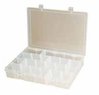 LARGE PLASTIC COMPARTMENT BOXES 13 1/8 W x 9 D x 2 5/16 H 24 Compartment Large Plastic Box Molded from clear polypropylene resin which permits visibility of contents Heavy duty reinforced hinges