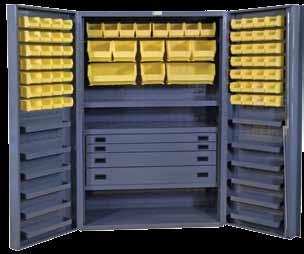 Heavy Duty Storage Cabinets construction details All welded 14 gauge construction Hook-on Bins Fully welded piano hinges 48 Wide shelf, 700 lbs capacity (weight evenly distributed) Fully welded