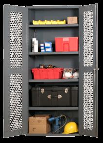 All welded 14 gauge construction 14 gauge shelves adjustable on 1 centers (no tools required) Punched mesh pattern for visibilty Durable gray powder coat All welded 12 gauge construction 14 gauge
