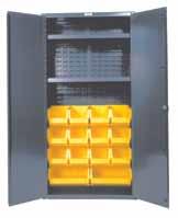CABINETS with Hook-on bins 60 Wide Cabinet with 227 Bins (Flush Door Style) Heavy duty all welded 14 gauge steel 6 high box style legs provide access 227 durable polyethylene copolymer for forklift