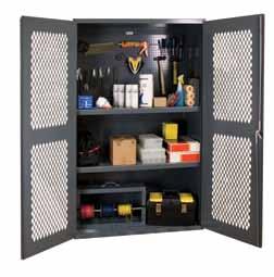 NEW PRODUCTS Small Parts storage cabinets 36 Wide 5-S Storage Cabinet with Steel Pegboard, 96 Bins and 2 Adjustable Shelves Heavy duty all welded 14 gauge construction Louvered panels on doors allow
