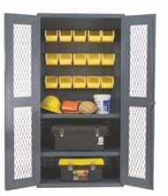 36 W x 18 D x 72 H Clearview Cabinet with Bins CLEARVIEW CABINETS with Hook-on bins Heavy duty all welded 14 gauge steel construction Punched diamond pattern in doors allows content visibility Full