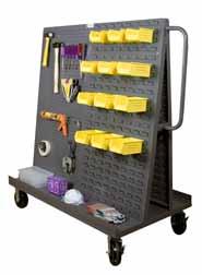 Overall height is 57 Deck has 9 of space on each side of A Pegboard holes are punched on 1 centers and accommodate standard peg hooks (pegboard hooks are not included) Heavy duty handle makes