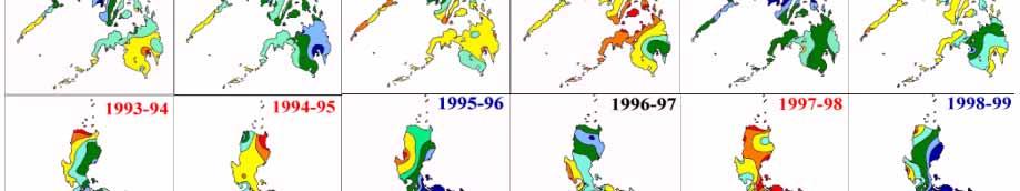 EL NINO years, BLUE colored years are LA NINA years and BLACK colored years are NON_ENSO years Source:PAGASA Seasonal rainfall in the