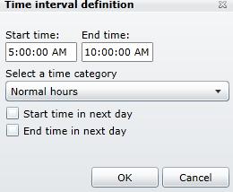 b. Enter start time and end time for the interval. If the interval begins or ends in the following calendar day, check mark the check boxes at the bottom of the dialog appropriately. c. Select a time category.