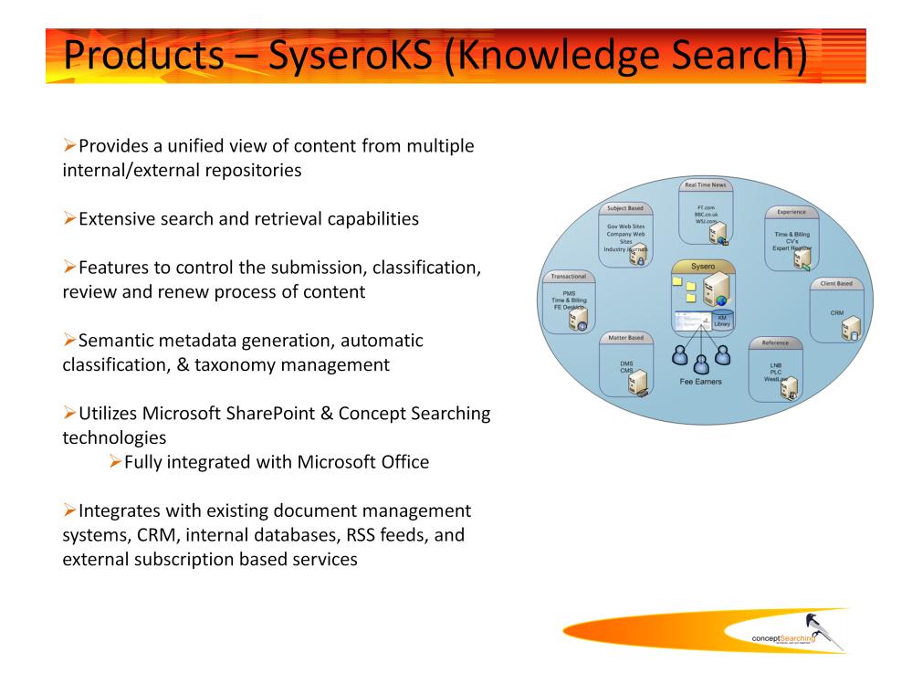 SyseroKS (Knowledge Search), developed on the Microsoft SharePoint platform, provides powerful features for search, robust taxonomy development and management functionality that enhances content