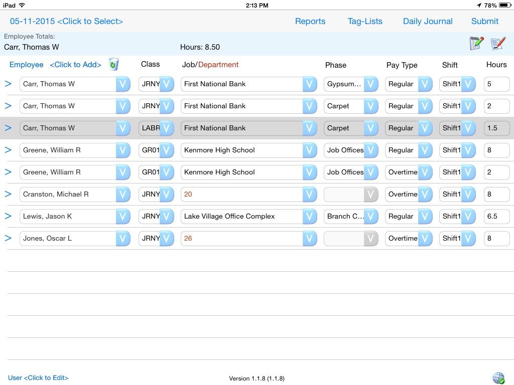 18 Appendix: Alternative Grid Layout The PowerTrack ios Timesheet application will display the alternative grid layout when there is a 1 in the layout grid column of the PowerTrack SQL server