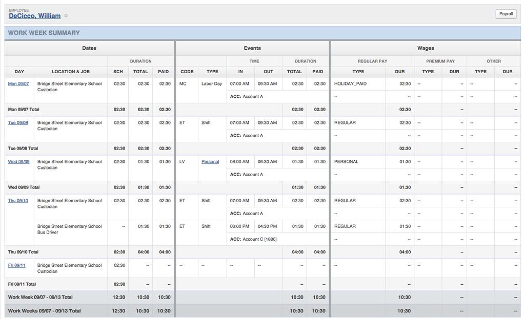 Using the Report In the report, you will see 3 main sections: Dates (scheduled time), Events (recorded time), and Wages.