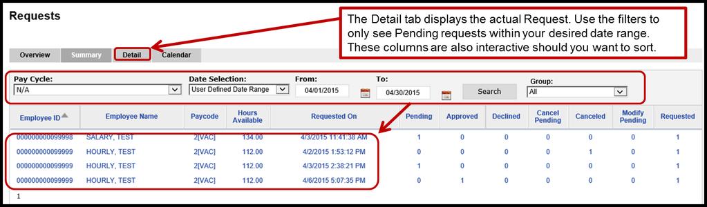 The Detail tab is where the actual approval for the Time Off Request occurs.