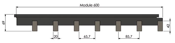 Description Form : linear Total thickness : 69 mm Wood section : 20 x 42 mm Black rear wooden counter-slats : 34 x 45 mm Spacing between slats : 65.
