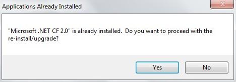 A prompt to install or upgrade Microsoft.NET CF 2.0 on the device may be displayed. Click Yes.