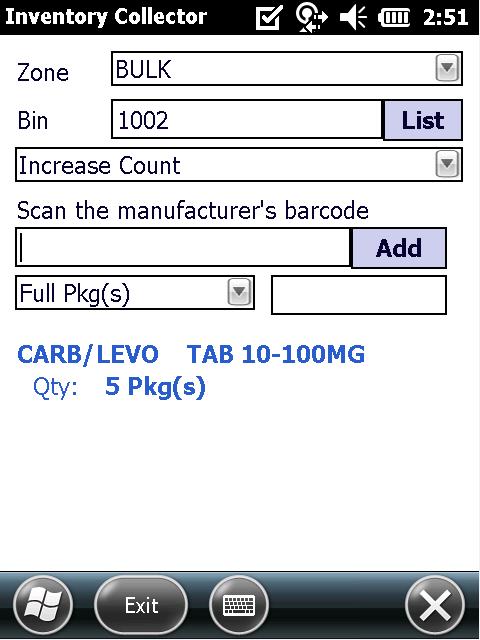 7. After the scan is completed or the Add button is clicked, the Inventory Collector screen will display the drug description, and the current inventory level for the product scanned.