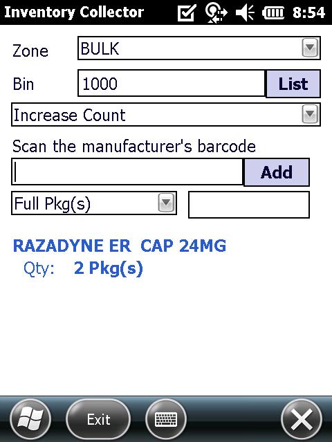 4. The cursor will default to the Scan the manufacturer s barcode field. Scan the product package barcode.