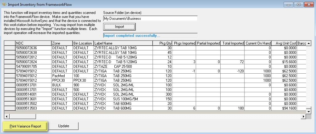 After all device data has been imported the Total Imported and Current on Hand columns should contain the same quantities.