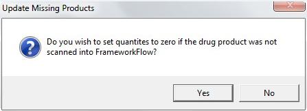 3. FrameworkLTC will prompt to update products that were not scanned. Clicking Yes will result in setting the On Hand quantity to zero for all products not scanned into FrameworkFlow.