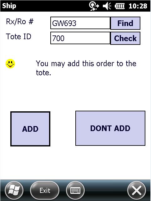 If the Tote ID is manually entered and the tote is valid for the order, then FrameworkFlow will display a message indicating the order can be added to the tote.
