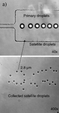 Figure 26: Satellite microdroplet formation in a flow focusing device- a) Size of satellite droplet under different magnifications.