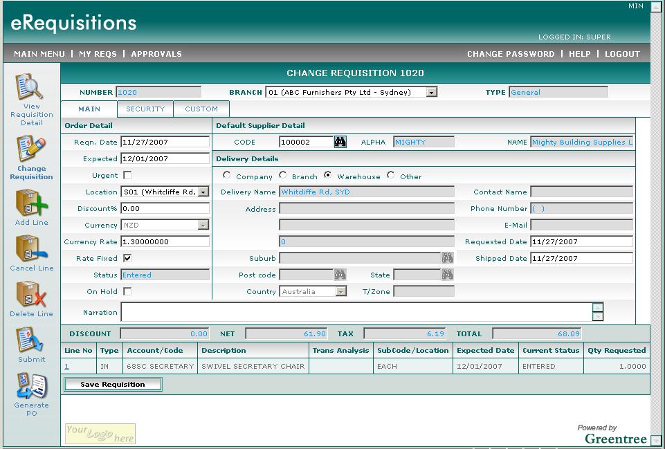 Change This section explains how to change a Requisition header. Conditions This menu item is only available if the: erequisitions User has permission to change a Requisition.