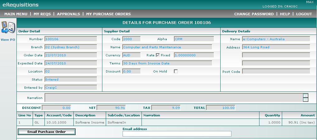 Email PO Purchase Orders It is possible to email a Purchase Order in erequisitions from the Details for Purchase Order page.