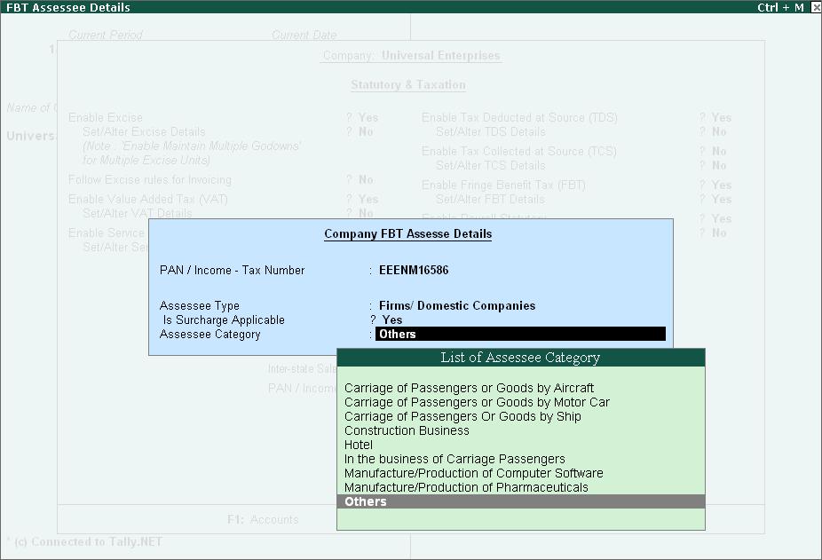 Statutory Compliance Capabilities in Tally.ERP 9 Figure 7.46 Company FBT Assessee Details sub form screen Save screen 7.5.