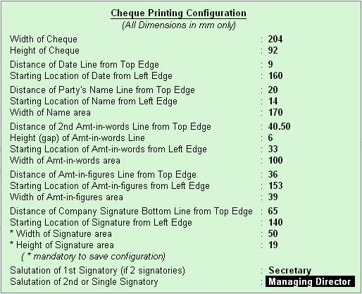 Complete Book Keeping Figure 1.24 Cheque Printing Configuration Screen Tally.