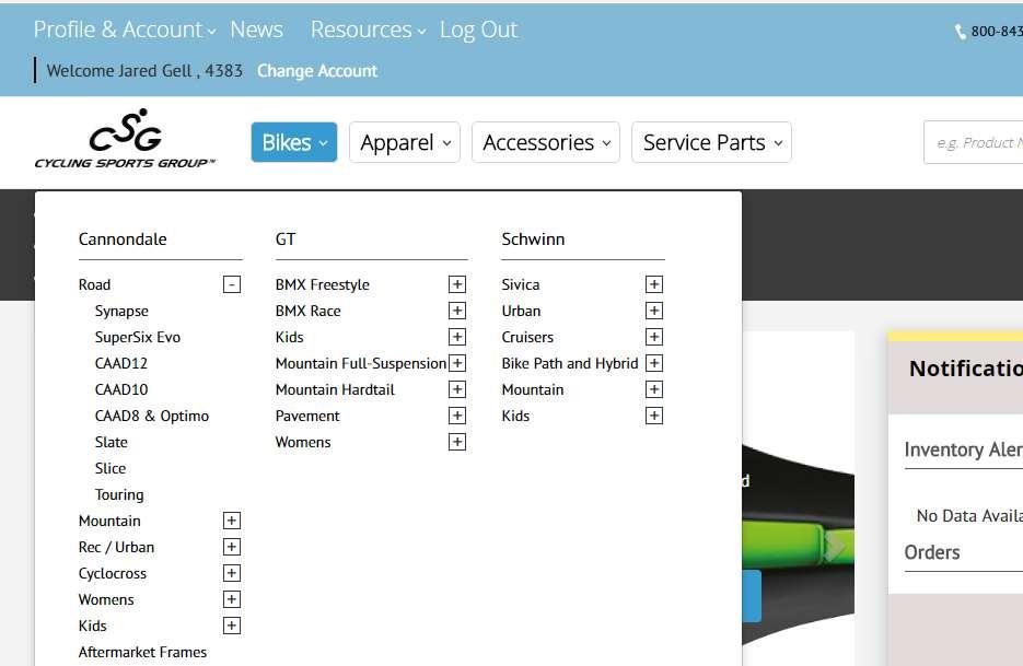 CSG New B2B: Product Navigation Use the Category Drop-Downs (1) to choose between Bikes, Apparel, Accessories or Service Parts.