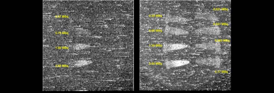 Figure 27 Images made of the 18 F dilution series with the Hamamatsu EMCCD camera. The images both show a very noisy pattern. This was also reflected in the signal to noise ratios.