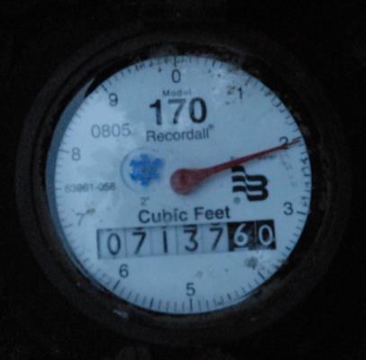 Each full revolution of the dial on commercial meters (1 ½ and larger) represents a flow of ten cubic feet or 74.