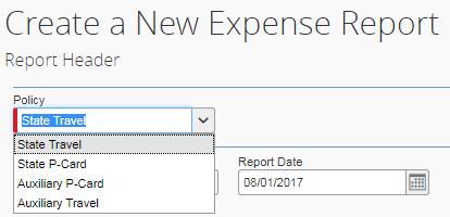 For P Card Expense Report, the Policy field must