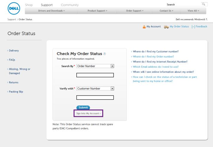 7.2. How to sign into My Account to track all of my orders? Access regional Order Status Home Page. Click on Sign into My account button.