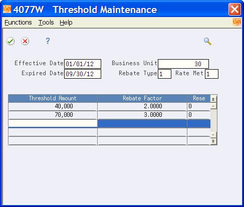 Defining Rebate Thresholds 4. On Threshold Maintenance, complete date fields to define beginning and ending dates for the rebate.