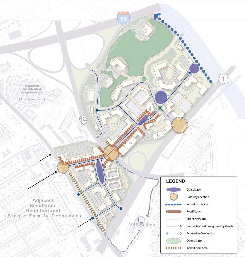 Urban Design Framework Street grid extends to the Occoquan River Public access to the waterfront with connection to the PHNST Buildings designed to emphasize connectivity with the river and