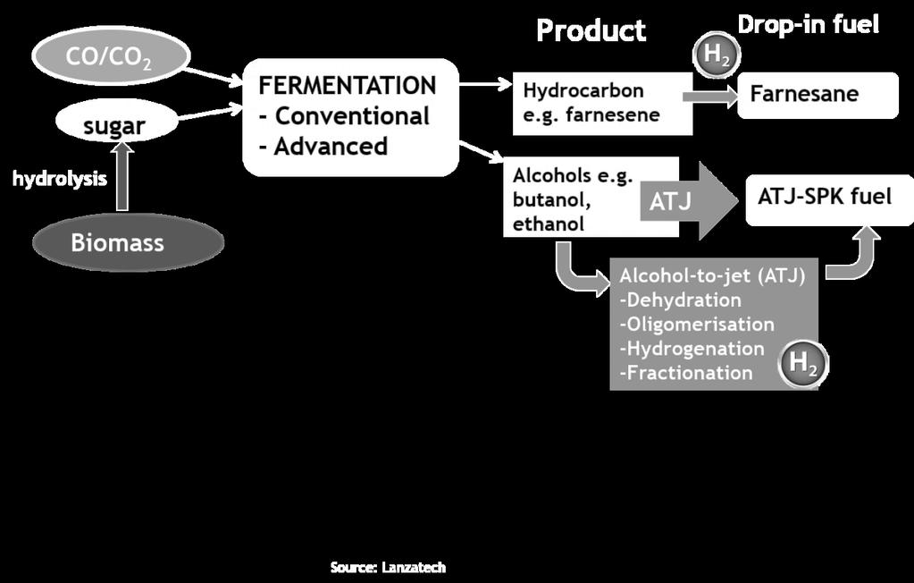 Biochemical processes involve the biological conversion of biomass (sugars or cellulosic materials such as agricultural residues) to alcohols, such as ethanol, butanol, or