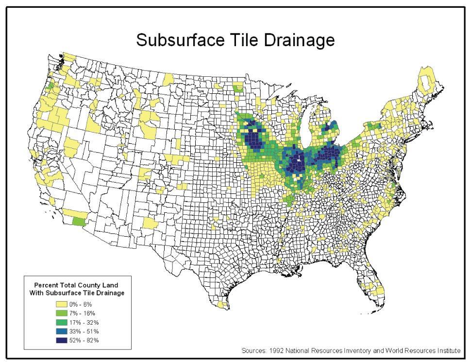 Subsurface Tile Drains by County for the Conterminous U.S. Source: Sugg, Z. 2007. Assessing U.S. Farm Drainage: Can GIS Lead to Better Estimates of Subsurface Drainage Extent?